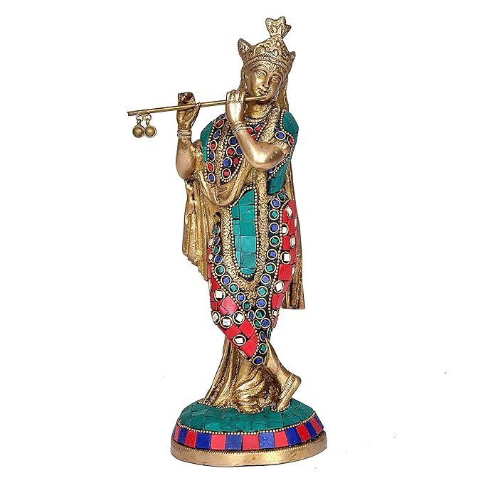 Brass Krishna idol figurine with crown, flute, turquoise and red enamel dress