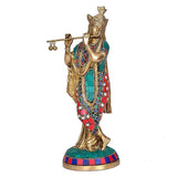 Brass Krishna idol figurine with crown, flute, turquoise and red enamel dress