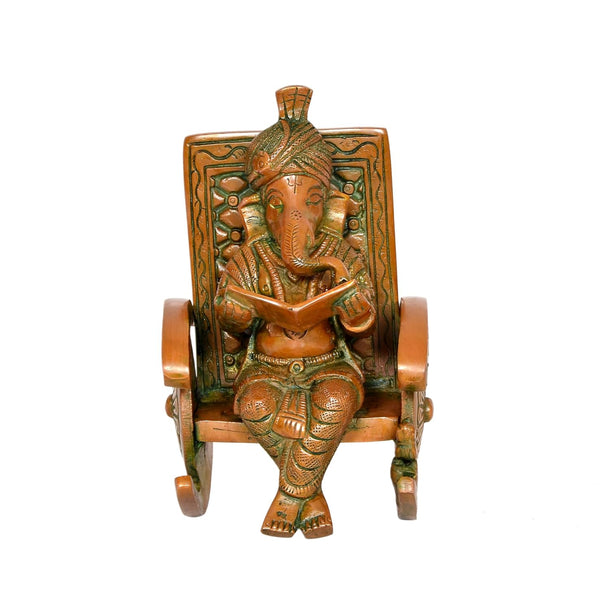 Brass Ganesha Statue Book Reading Turbaned Ganesh Sitting on Chair Sculpture Statue for Home Temple Decor (Height 6.5 inch)