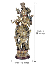 Brass Krishna Statue, Höhe 14 Zoll, Breite 6,5 Zoll, goldene Ornamente, Flöte