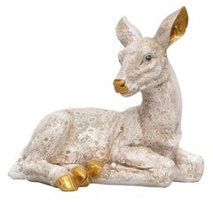 Polyresin resting deer figurine, close-up face with gold hooves and accents