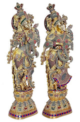 Brass Radha Krishna statue side angles, Krishna and Radha in jeweled blue mesh attire
