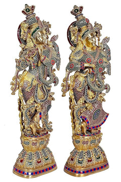 Brass Radha Krishna statue side angles, Krishna and Radha in jeweled blue mesh attire