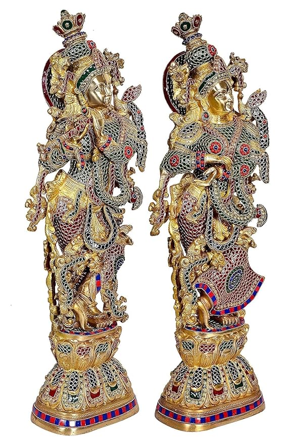 Brass Radha Krishna Statue Idol On Base for Home Decor Temple | Height : 30 Inches | Pair |