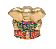 Back view brass Ganesha idol with gold ears and jeweled waist belt