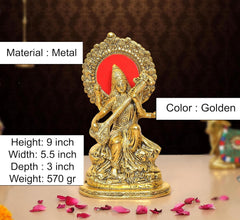 Metal Goddess Saraswati Maa idol, golden metal with red halo; 9 in height