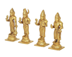 Gold brass Navgraha deity statues, four figures shown from three-quarter angle