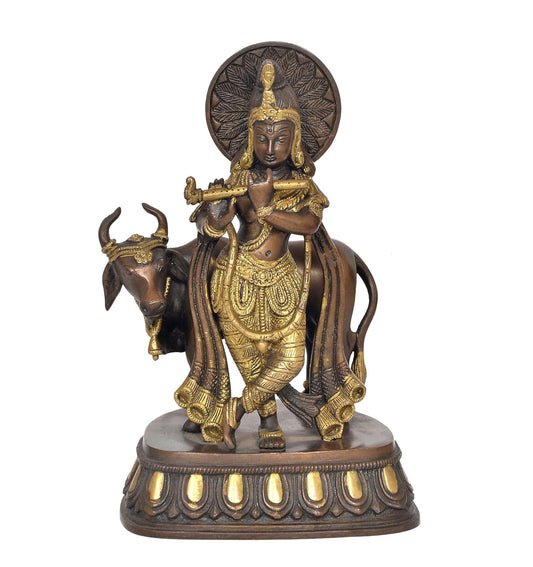 Brass Lord Krishna with Cow Idol Figurine Sculpture Playing Flute Statue Decorative Showpiece, (Height 10 Inch)