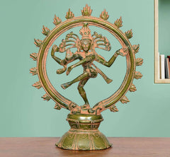 Multicolored brass Shiva Nataraj dancing figurine with halo ring, round base
