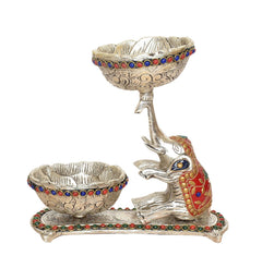 Silver metal elephant dry fruit bowl with one large bowl, small bowl, and gem-trimmed rim