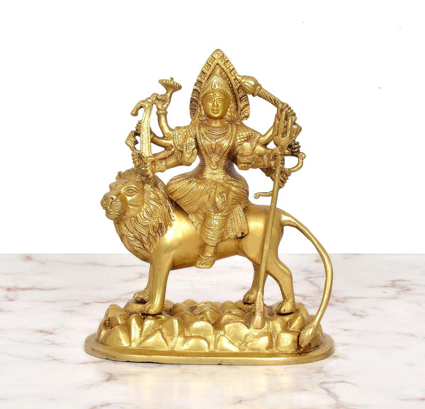 Brass Durga Maa with Lion Statue (Height: 7.5 Inch) Study Setting