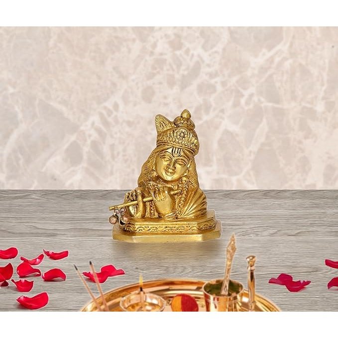 Idol Krishna temple statue showpiece, golden seated figure with crown and flute, 3.5 in