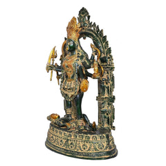 Mahakali Mata brass idol side view, trident, gold accents, ornate crown and pillars