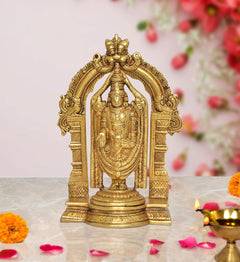 Brass Lord Tirupati Bala Ji idol statue with ornate arch, front view, home decor