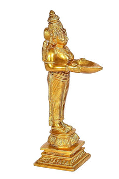 Golden Laxmi idol brass statue holding an offering bowl, side profile