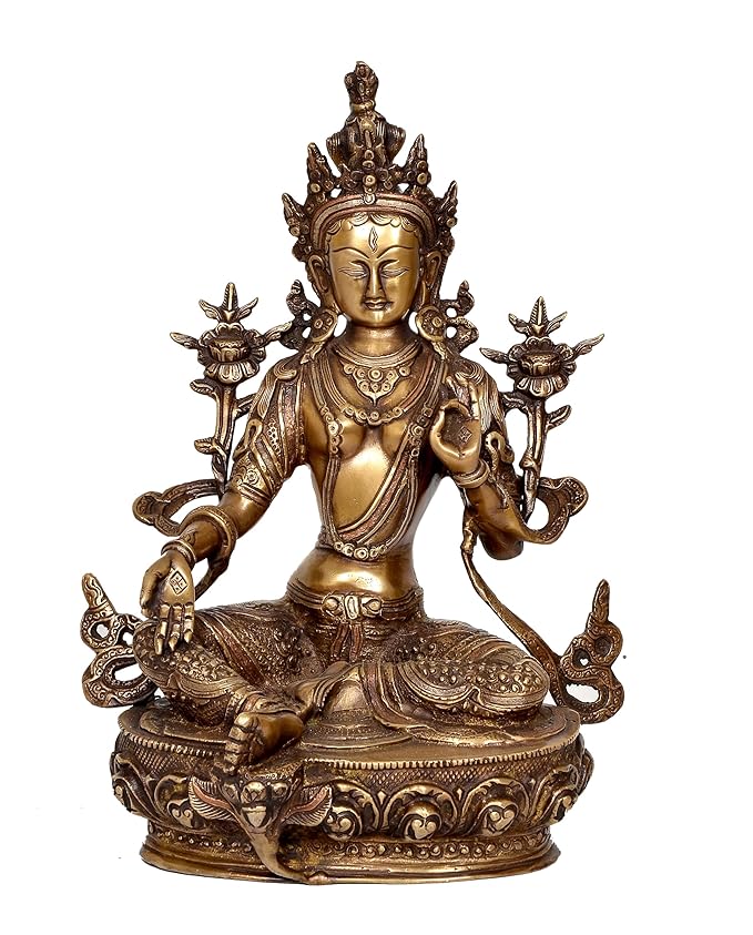 Tara Buddha Skulptur, goldfarbenes Metall mit Krone und Lotus-Sockel