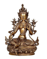 Tara Buddha Skulptur, goldfarbenes Metall mit Krone und Lotus-Sockel