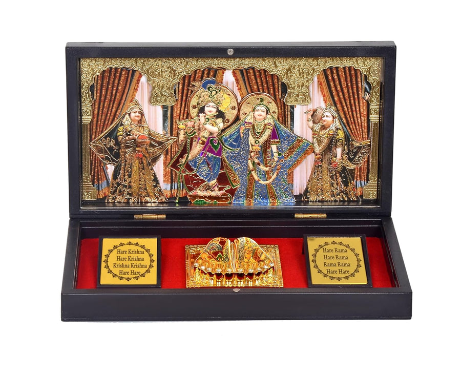Gold Plated Radha Krishna Photo Frame with Shubh Labh Charan Paduka for Pooja Room, Return Pooja Gift Box Set, (Length : 8.5 inch) Craft Detail