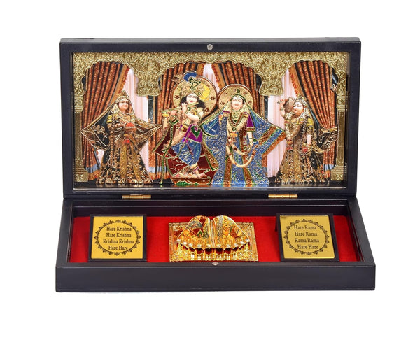 Gold Plated Radha Krishna Photo Frame with Shubh Labh Charan Paduka for Pooja Room, Return Pooja Gift Box Set, (Length : 8.5 inch)