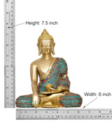 Brass Dhyan mudra Buddha statue, 7.5-inch height with turquoise jeweled robe