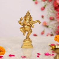 Brass Lord Ganesha dancing statue, 4.5-inch home temple pooja murti