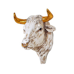 Polyresin bull head wall hanging, side view with gold horns and speckled white finish