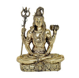 Lord Shiva brass sculpture seated on textured pedestal, trident in left hand