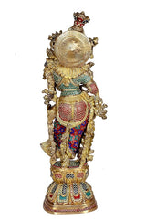 Radha Rani standing brass idol, back halo detail and patterned skirt, 30 in