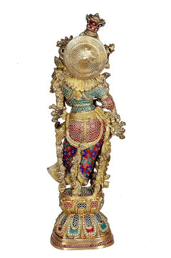 Brass Radha murti statue, back/side view with decorative halo and robe