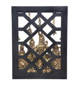 Hanging bells and seated Shiva Parivar idol in brass inside black frame