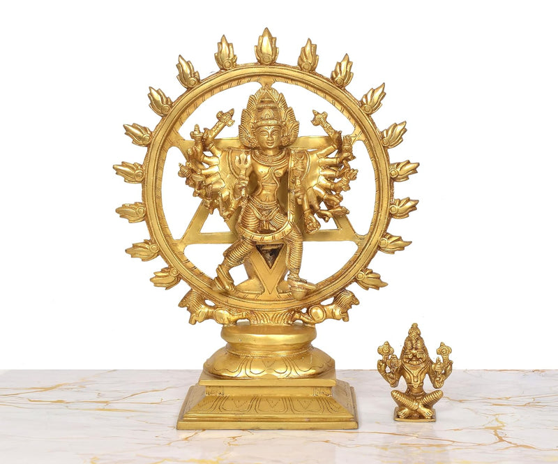 Brass Sudarshana Vishnu Statue with Yoga Narasimha on Reverse (Height 14 Inch)