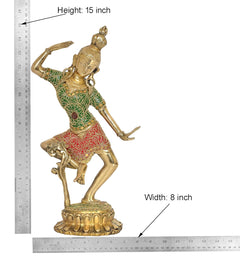 AONA brass dancing Shiva Parvati statue, green top and red skirt, full-body front view