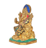 Brass Ganesha idol statue in profile, blue crown, multicolor gems, teal base