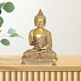 AONA gold-toned brass Buddha statue, Abhaya mudra, seated, 9 in tall