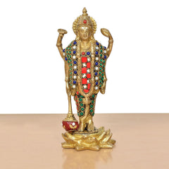 Standing Vishnu idol with raised hands, gold finish and blue-green red gem detailing