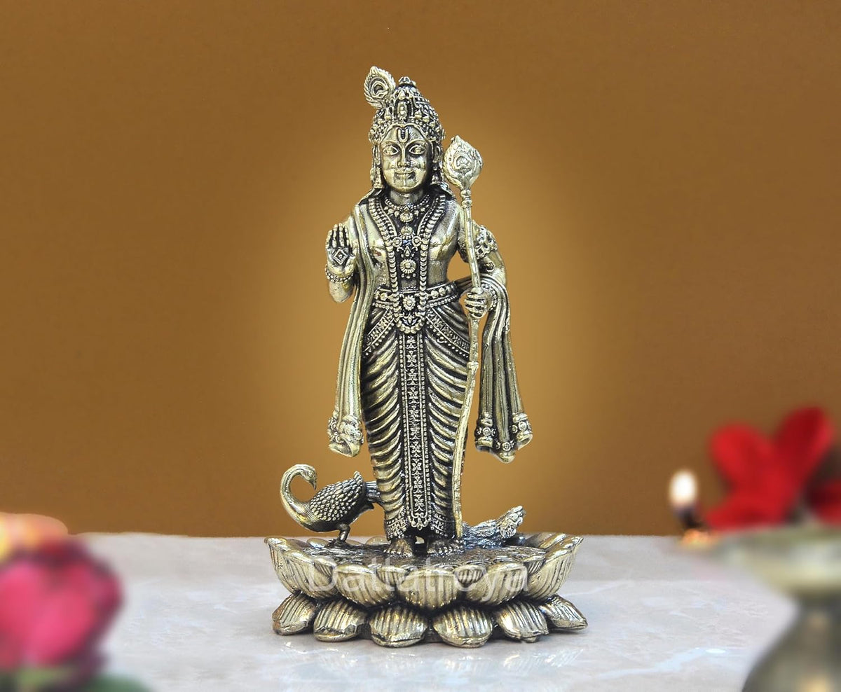 Brass Lord Kartikeya Murugan standing on lotus base, bronze-like finish, 6 inch