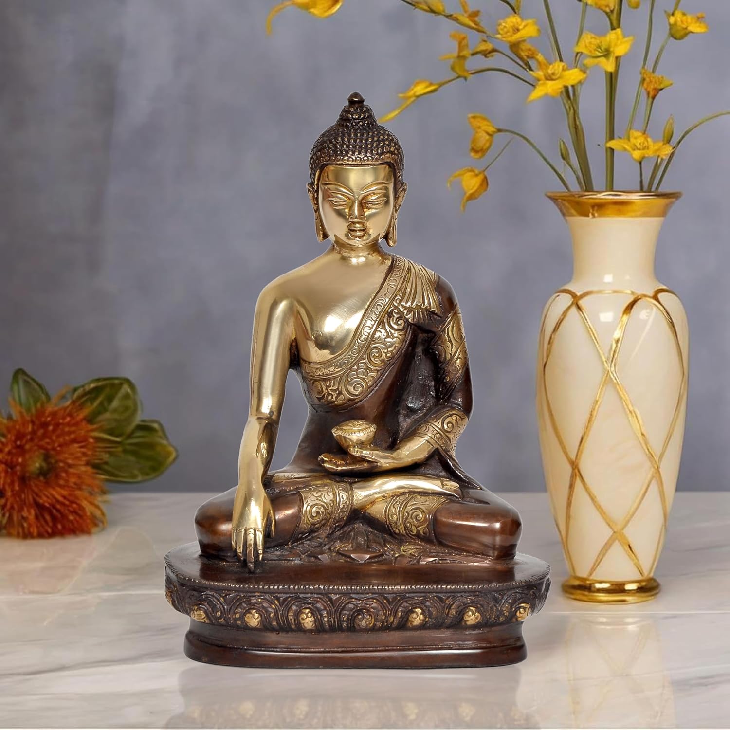 Brass Dhyan Mudra Buddha Statue - Handcrafted Spiritual Decor for Home and Office Decor - Meditating Buddha Idol (Height 9 Inch)