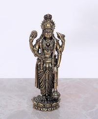 Fine brass Lord Vishnu statue, detailed crown and jewelry, standing on engraved pedestal