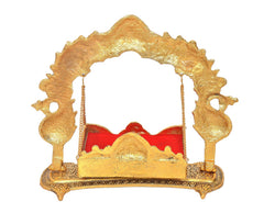 Gold metal Laddu Gopal swing cradle with red-and-gold seat, arched canopy and chains