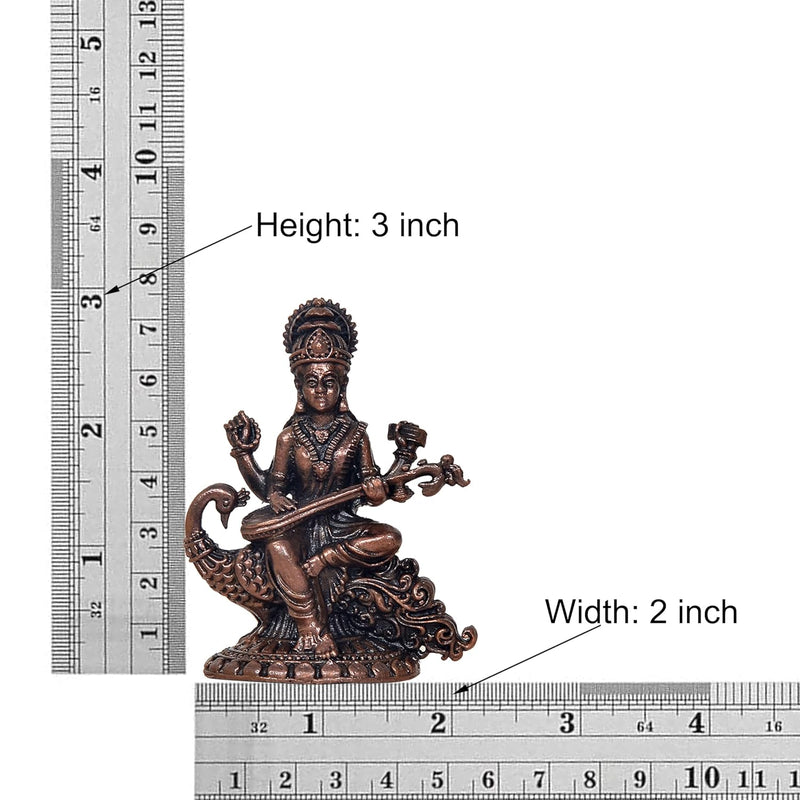 Copper Goddess Maa Saraswati Seated on Swan Devi of Study Maa Saraswati for Home Temple and Spiritual Decor (Height: 3 Inch)