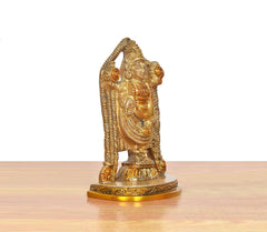 Brass Lord Tirupati Bala Ji idol angled view, raised arms and gold finish