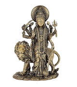 Durga Maa brass statue on lion base, raised arms, ornate jewelry and crown