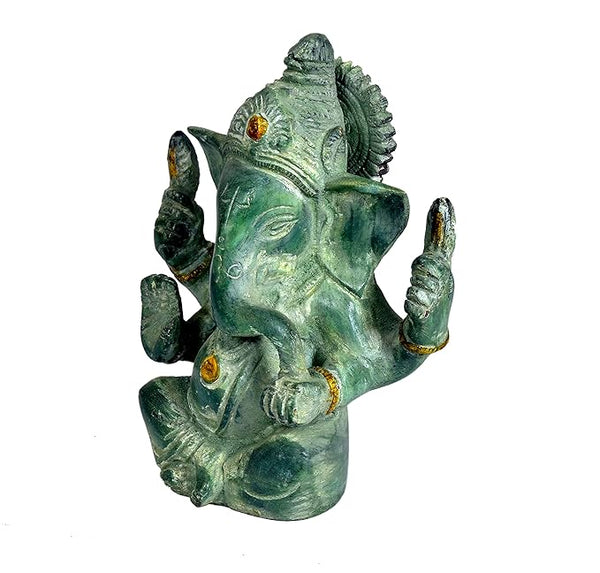 Brass Lord Ganesha Idol Statue Figurine Sculpture for Home Office Temple Puja Green Height Study Setting