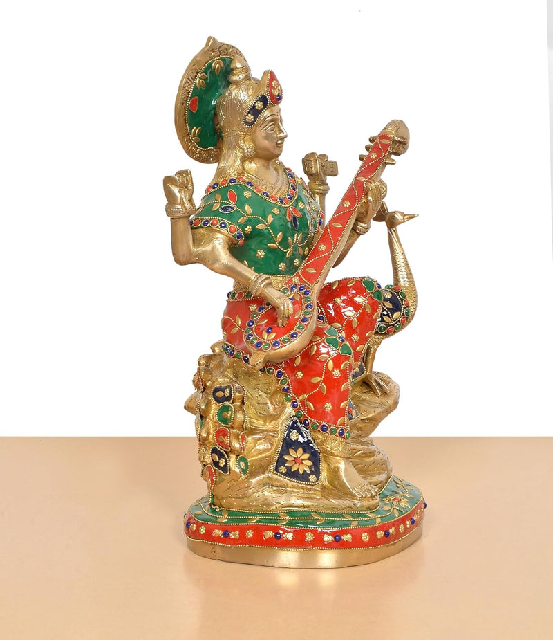 Brass Saraswati Maa Goddess of Knowledge and Music Idol (Height 15 Inch)