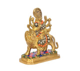 Durga Maa statue on lion, gold brass with circular gem patterns and multicolour base