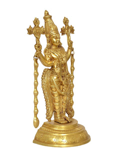 Brass Tirupati Bala Ji idol, turned view with raised hands, decorative round base