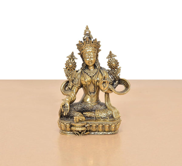 Superfine Brass Tara Devi Tibetan Buddhist Deity Statue (Height: 4.5 Inch) Study Setting