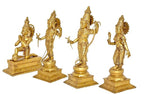 Gold-finish brass statue of Ram, Sita, Lakshman and Hanuman with staffs, on bases