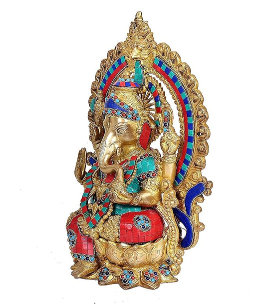 Brass Ganesha Statue with Kirtimuka Frame Sitting On Lotus Base for Home Decor | Multicolor | Height : 18 Inches