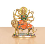 Durga Maa brass idol on lion, front view with orange dress and jewel dot trim